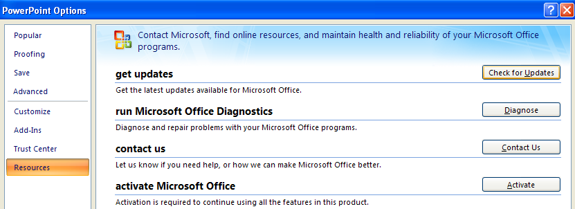 Click Resources. Click Check for Updates to open the Microsoft Update Web site.