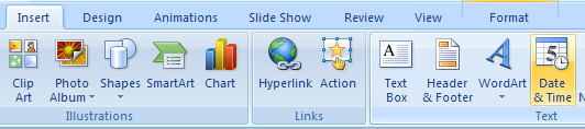 Click the Insert tab. Click the Date Time button.