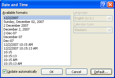 To change the default date and time format, click Default, and then click Yes to confirm.