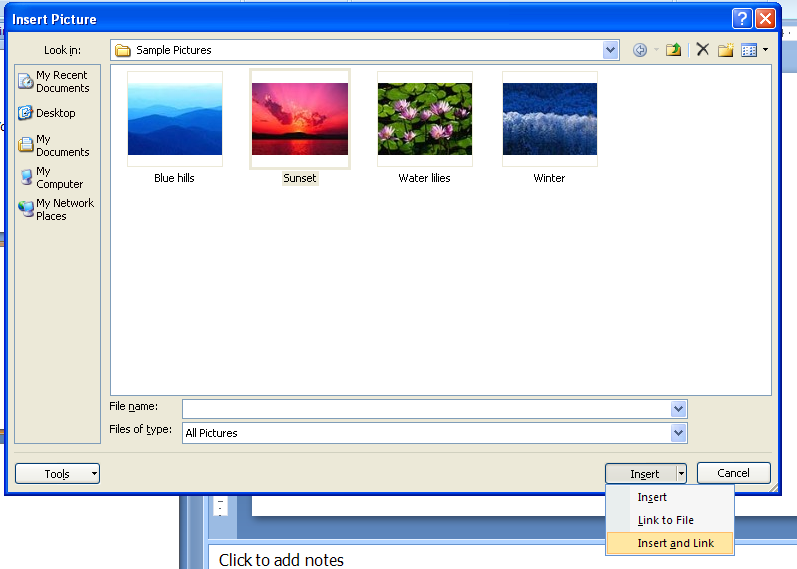 To insert and link a picture file, click Insert and Link.