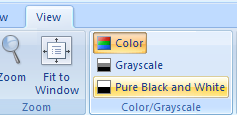 Click the View tab. Click the Pure Black and White or Grayscale button.