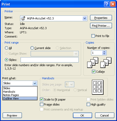 Click the Print what list arrow, and then click Outline View.