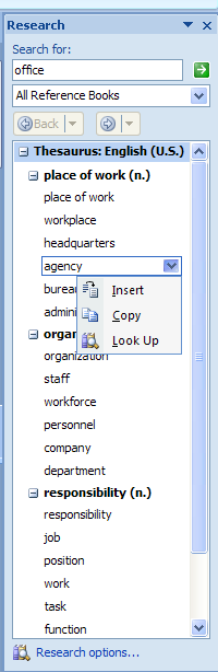 Point to the information in the Research task pane. Click the list arrow, and then click Copy.