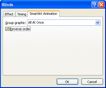 Click the SmartArt Animation tab. Select the Reverse order check box.