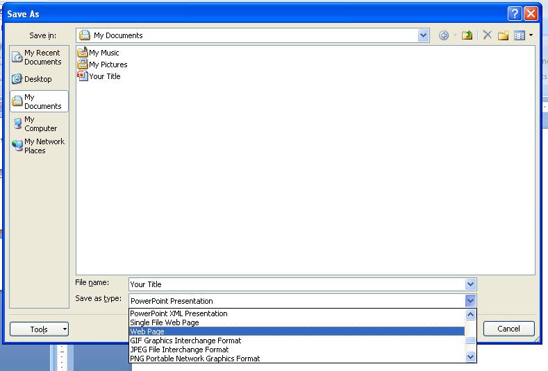 Click the Save as type list arrow, and then click Web Page.
