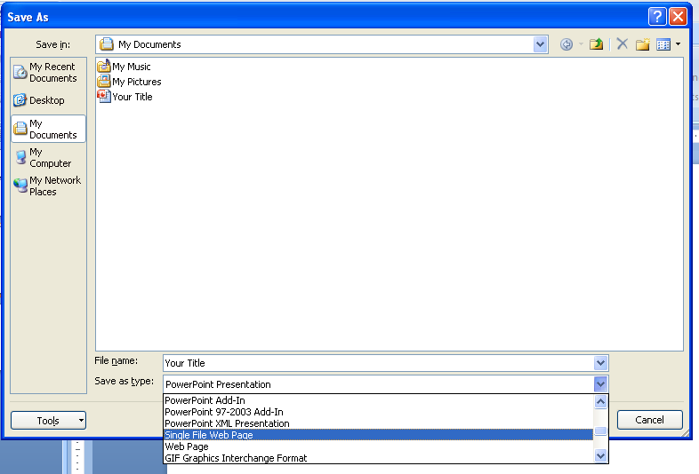 Click the Save as type list arrow, and then click Single File Web Page.