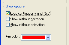 Select or clear: Loop continuously until 'Esc'. Show without narration. Show without animation.