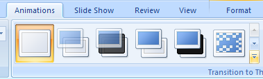 Click the scroll up or down arrow, or click the More list arrow in the Transition To This Slide group to see additional transitions.