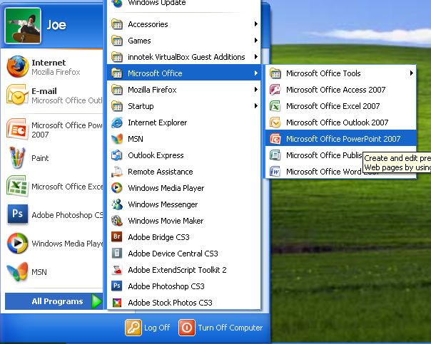 start powerpoint using the start menu