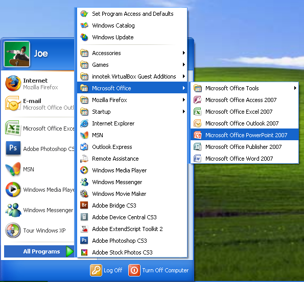 Click the Start button on the taskbar. Point to All Programs. Click Microsoft Office. Click Microsoft Office PowerPoint 2007.