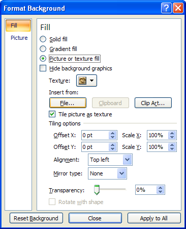 click File to use an image file stored on your computer as a background.
