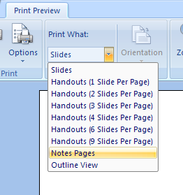 From the Print What drop-down menu, choose Notes Pages.