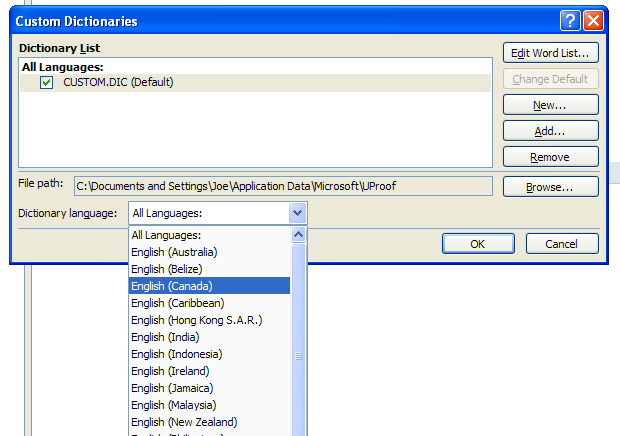 Click Dictionary language, and then select a language for a dictionary.