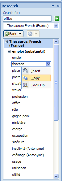 Point to the information in the Research task pane. Click the list arrow, and then click Copy.