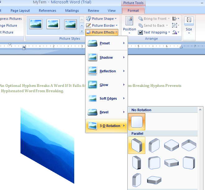 Select No 3-D, one of the preset types, or More 3-D Settings.