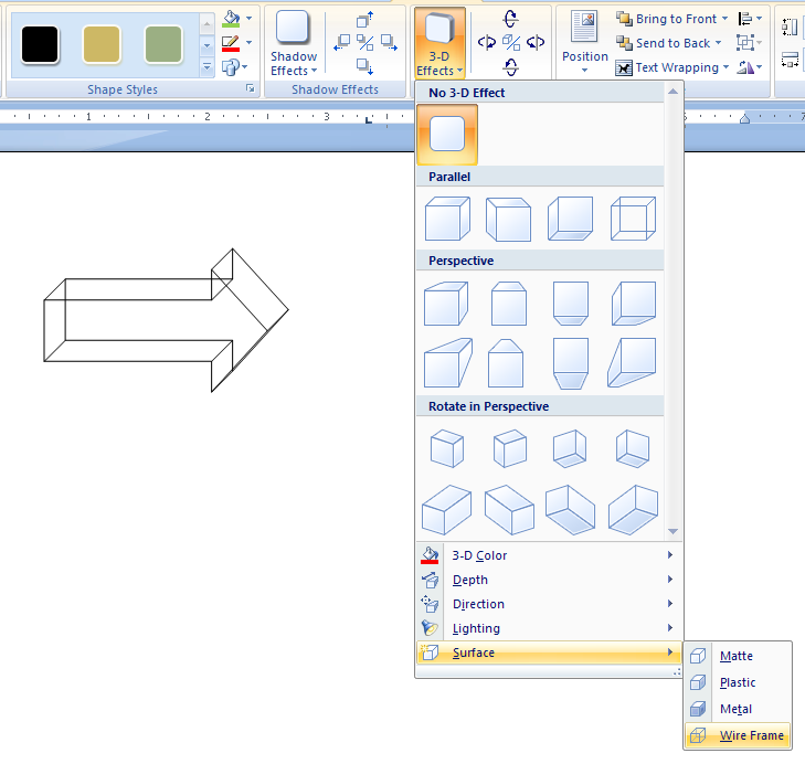 Change the surface of the shape: Matte, Plastic, Metal, or Wire Frame.