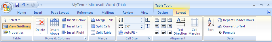 Then click the Layout tab under Table Tools.