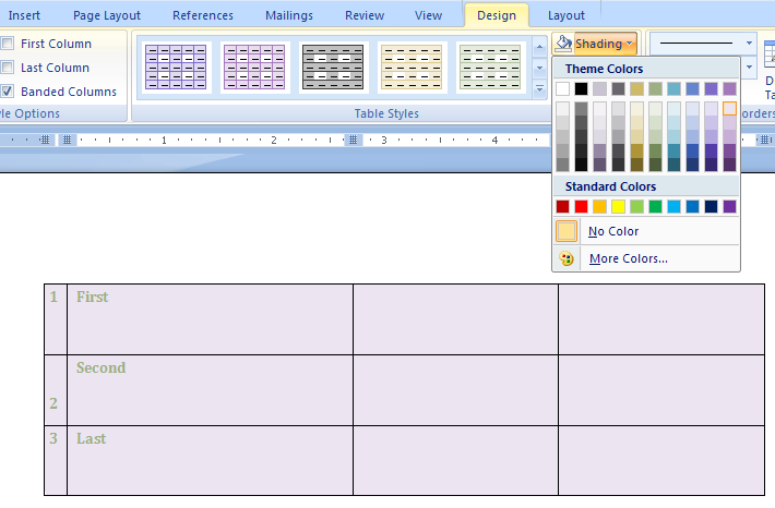 microsoft word change table color