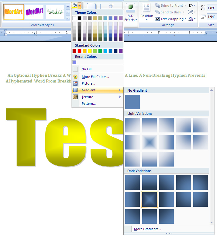 Click Gradient to select No Gradient, one of the shadow types, or More Gradients.