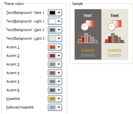 Click the Theme Colors button arrows (Text/Background, Accent, or Hyperlink, etc.) for the colors you want to change.