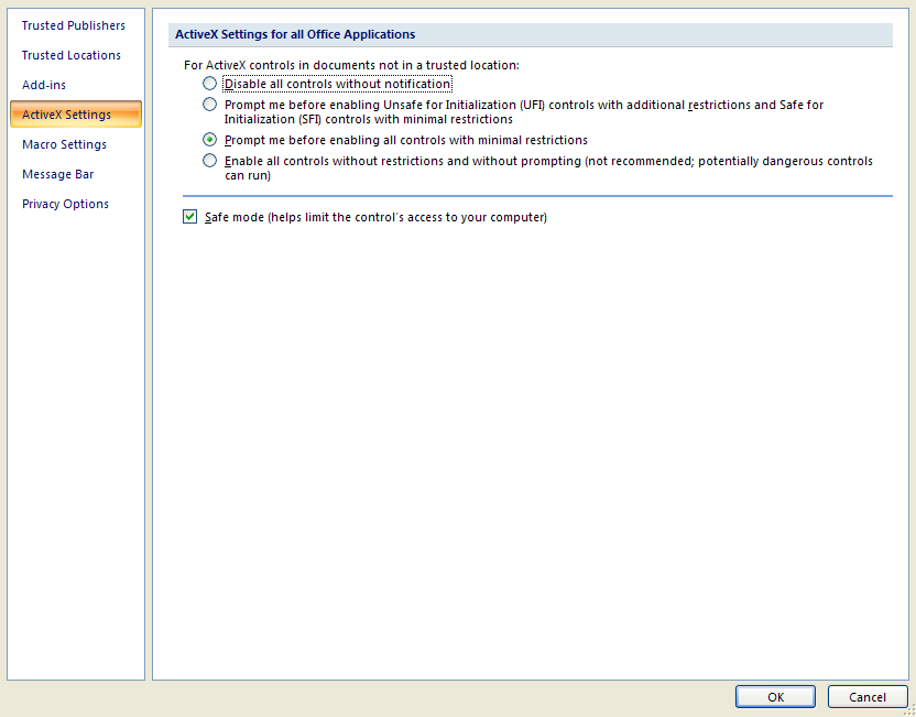 Click the options for ActiveX: