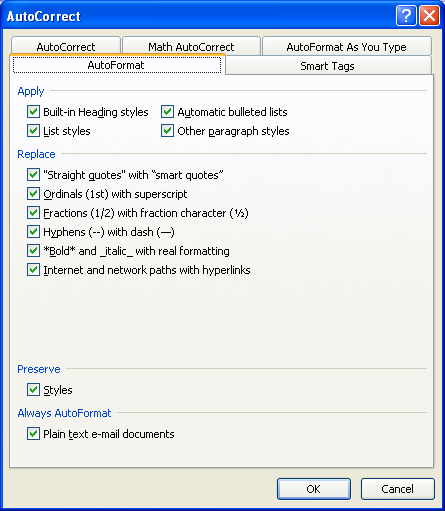 Click the AutoFormat tab to select the formatting options.