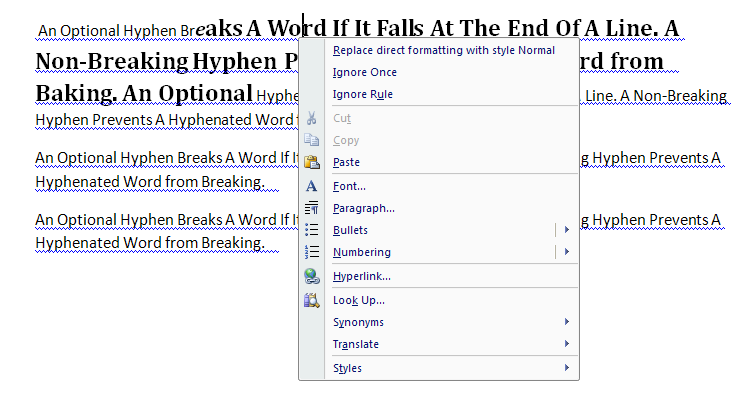 In the document, right-click any wavy, blue line to open a list of Formatting commands.