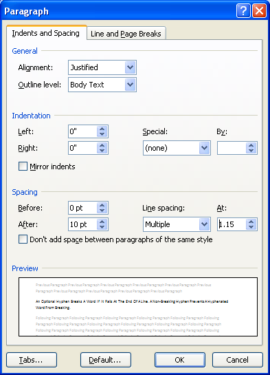 Then specify the line or paragraph settings you want, and then click OK.