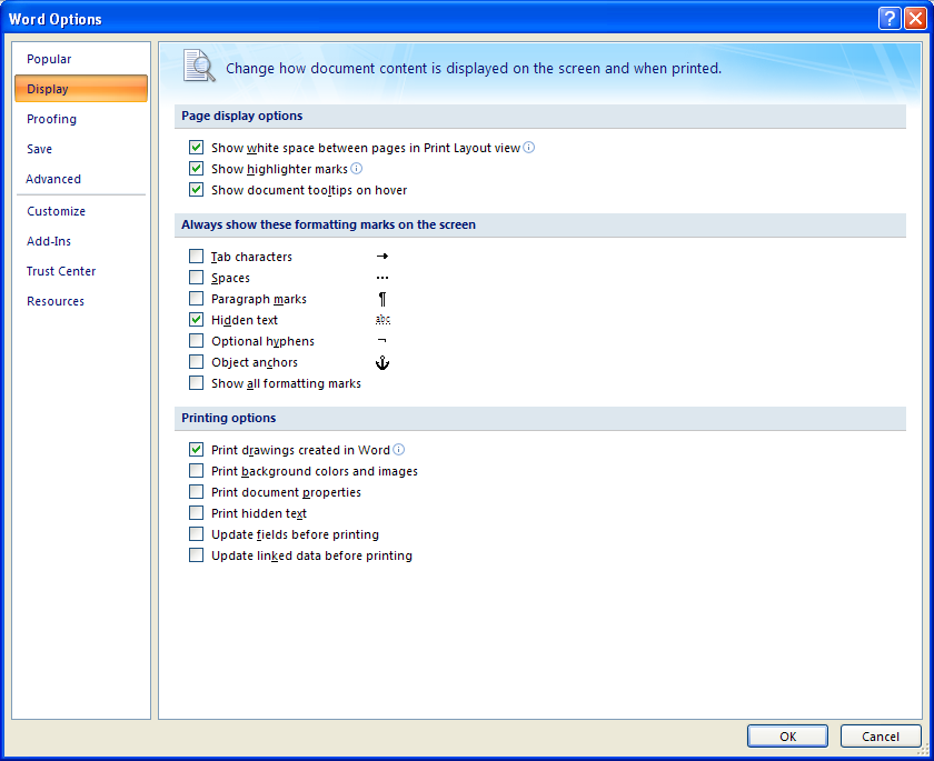 Select or clear the check boxes to change the print display options: