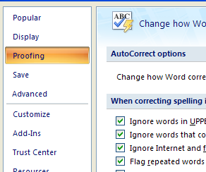 In the left pane, click Proofing