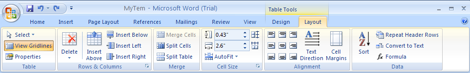 Then click the Layout tab under Table Tools.