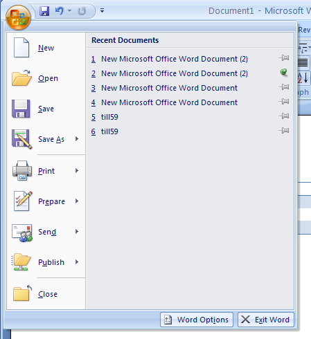 Click Office button to display file related menu commands