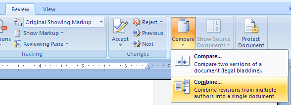 To merge documents, click the Compare button and then click Merge.