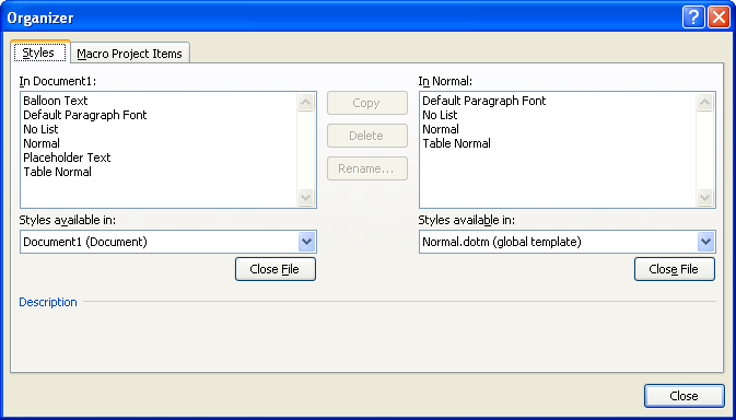 Click a tab on the Organizer dialog box with the part of the template.