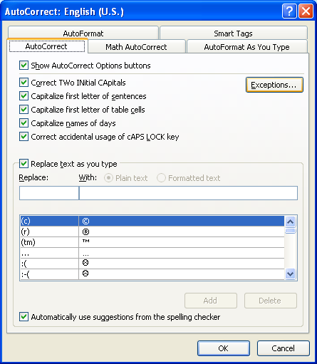 To change AutoCorrect exceptions, click Exceptions