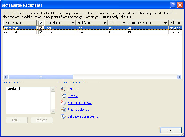 The Mail Merge Recipients dialog box opens