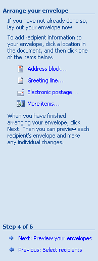 To include a return address on the mailing, type it now, position the insertion point, click Address Block on the task pane to insert the merge field, select your options, and then click OK.