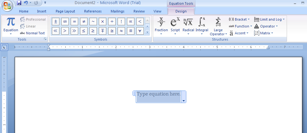 A blank equation building block appears.