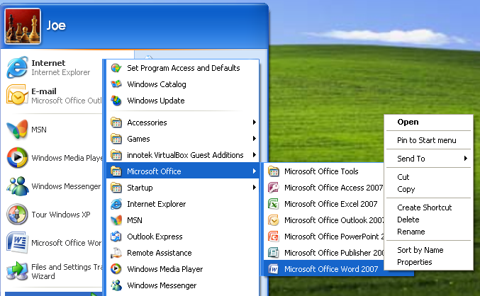 Right-click Microsoft Office Word 2007