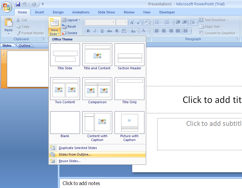 Create slides from a Word outline and insert them into an existing PowerPoint presentation