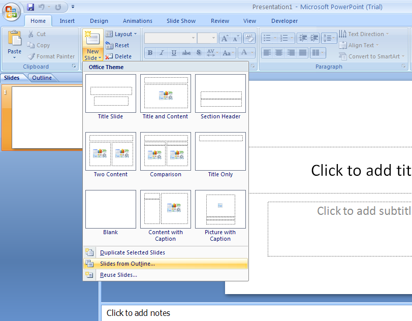 Then click Slides from Outline
