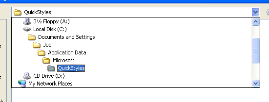 The Save Quick Style Set dialog box displays the Quick Styles folder.