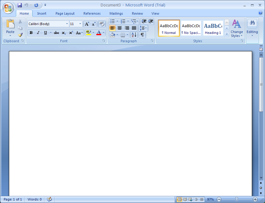 A new blank document appears in the Word window.