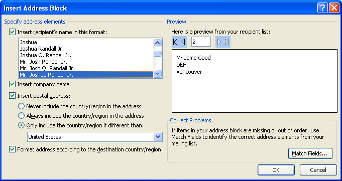 Select the Address Block options.