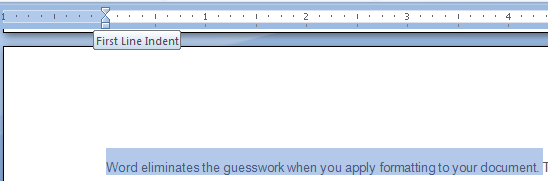 Click the upward-pointing arrow at the top left side of the Ruler. This is the Hanging Indent pointer.