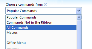 Then click All Commands or a specific Ribbon.