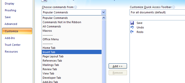 Then click All Commands or a specific Ribbon.