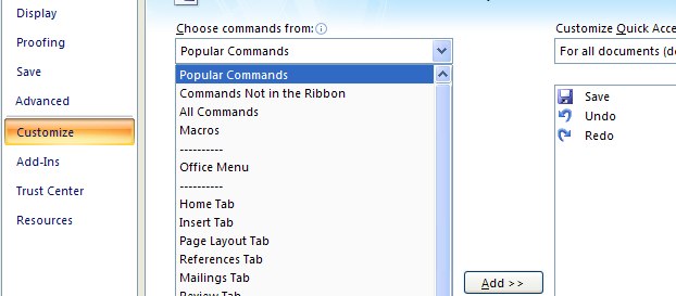 Then Click the Choose commands from list arrow