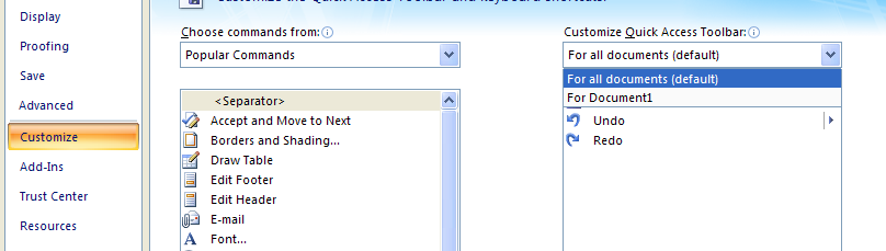 Then click the Customize Quick Access Toolbar list arrow