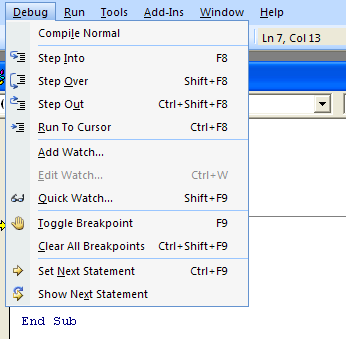 Click the Debug menu, and then click Step Into to proceed through each action.